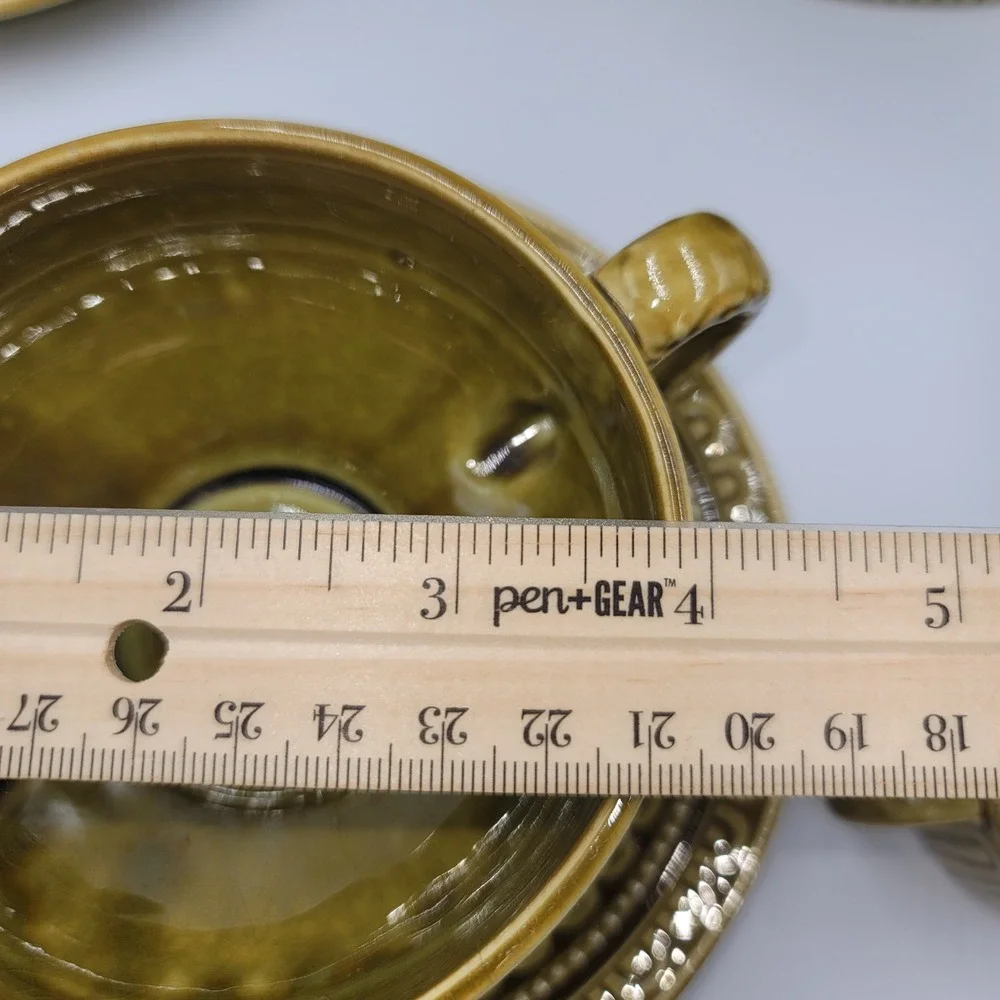 Vintage Olive Green Ceramic Soup Tureen Set with Warmer 4 Bowls and Saucers MCM